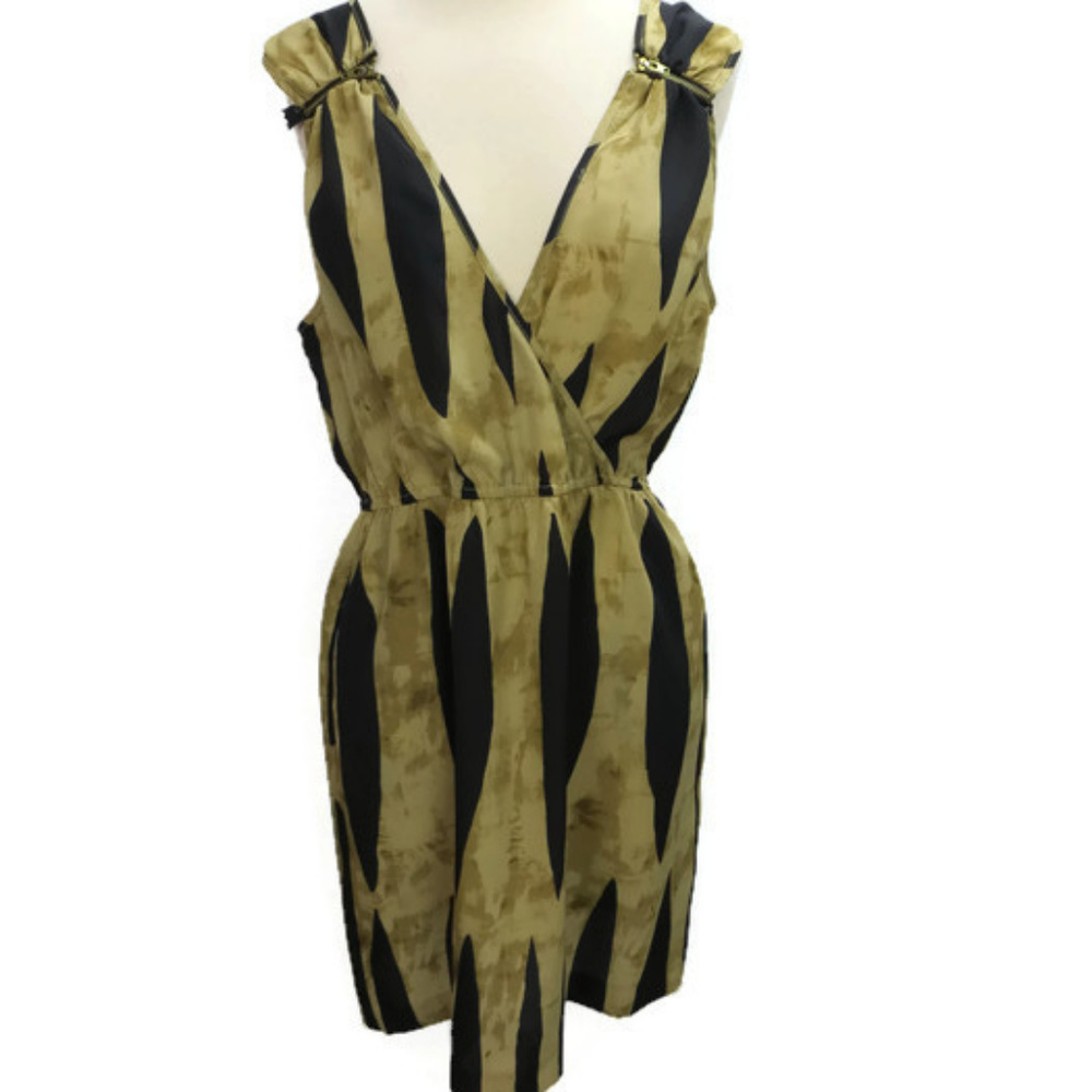 Tela Dress Large Beige Black Sleeveless Zippers